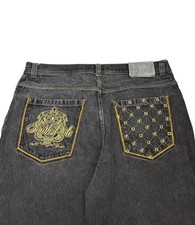 Southpole Mens Baggy Denim Shorts Black Gold Embroidered Y2K Streetwear Size 42
