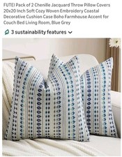 FUTEI Chenille Jacquard 20 X 20 Throw Pillow Covers-Set Of 2-Blue/Grey-NEWINBOX