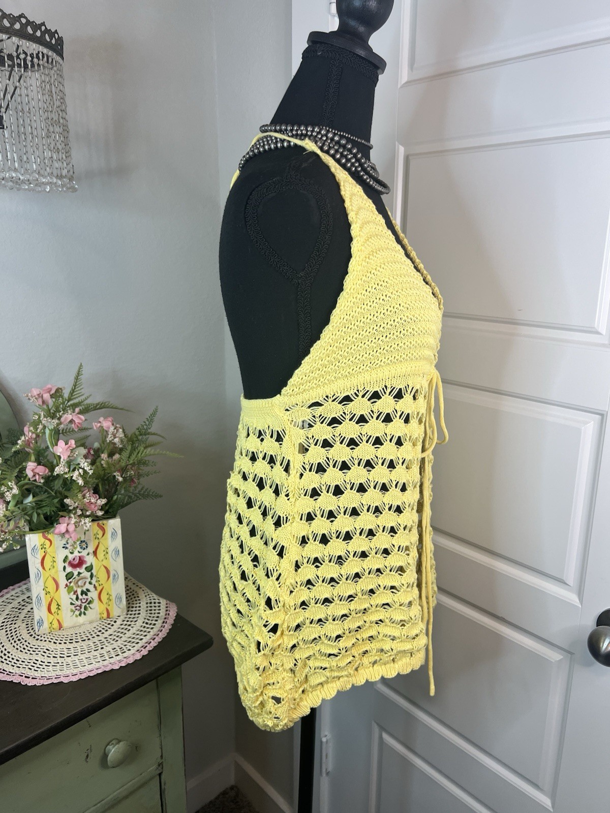Musera Yellow Crochet Open Front Y2k Style Boho Hippie Halter Top Sz L Coastal