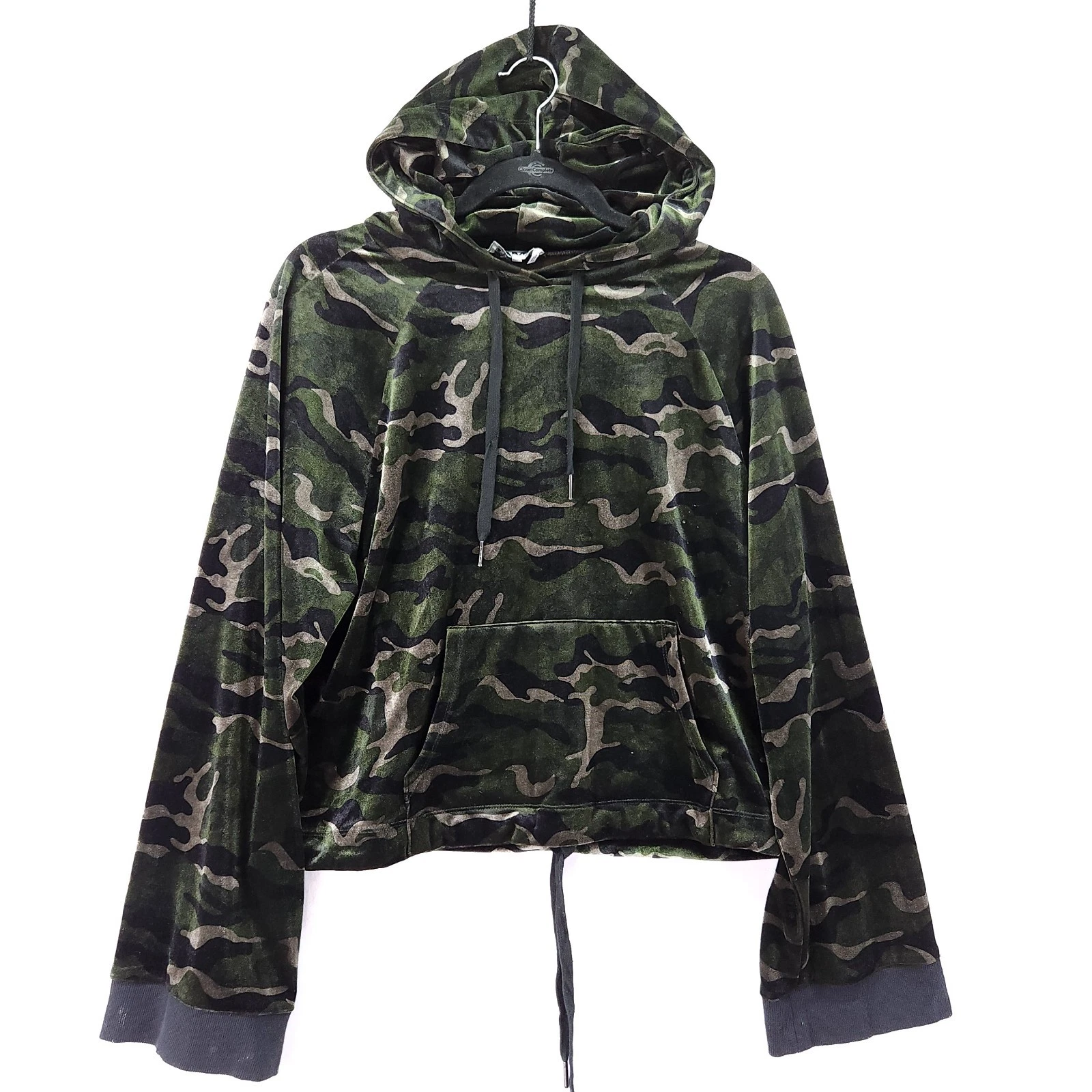 Pam & Gela Womens Hoodie Size Medium Cropped Velour Green Camo Sweater
