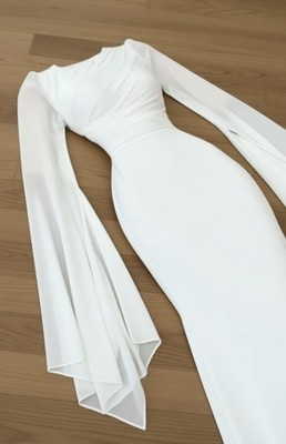 Elegant White Cape Sleeve Maxi Dress Wedding Evening Party Bridal Gown Size  M | eBay