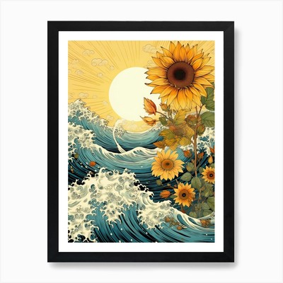 Große Welle mit Sonnenblume Blume Dr gerahmtes Wandbild Poster Leinwanddruck Bild
