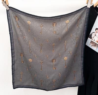75% Cashmere 25% Silk Scarf 26'' Bandana Shawl Black key Print Neckerchief Wrap