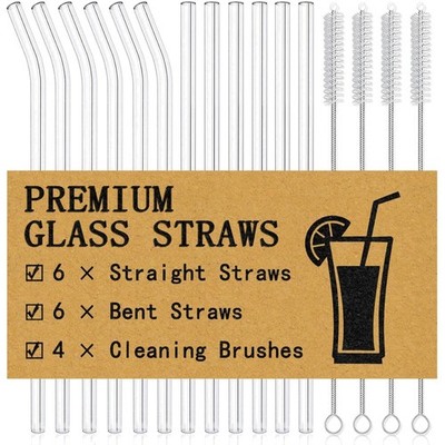 12Pcs Glass Straws Set, 6 Straight 6 Bent, 8.5''x10MM, 4 Cleaning Brushes