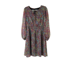 Tahari ASL Dress Womens Size 10 Black Multicolor Dot Smocked Chiffon Long Sleeve