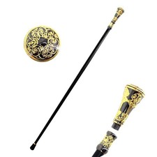 Walking Stick 35.5'' Cane With Golden Flower Pattern Handle Brass Handle Grip