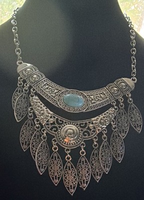 Statement Bib Ethnic Necklace Silver Turquoise Oval Stone Middle Eastern Boho