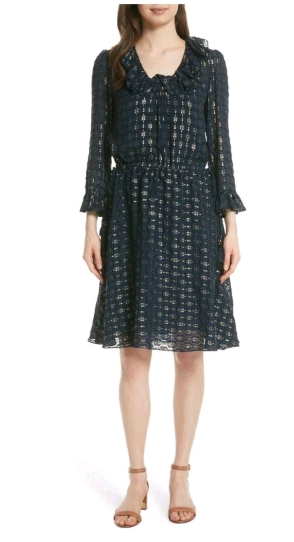 新品Tory Burch トリバーチ JASMINE DRESS Size 8 Tory Burch Jasmine Silk Blend Ruffle Dress in Ivory Gold