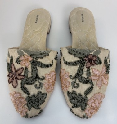 Birdies Linen Songbird Flora Mule Slipper Beaded & Embroidered Women s Size 8
