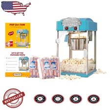 Pro 4oz Popcorn Maker Blue, Vintage Theater Style, Nonstick Kettle, Warming Lamp