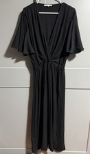 Emerson Fry Women Deep V-Neck Flutter Sleeve Maxi Lila Dress Black Crepe L Flowy