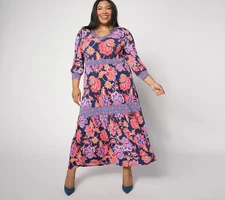 Susan Graver Passport Printed Liquid Knit Maxi Dress-Indigo/Tangerine-XL-A634090