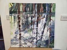 Large 2013 David's Pond Oil on Canvas Painting Signed to Rear Artist Julia Edwin