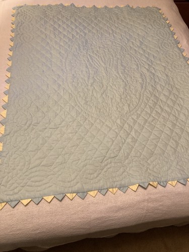 Vintage Baby Quilt Yellow Blue All Hand Quilted Emboss Bunny 44" x 55" Handmade - Picture 6 of 6