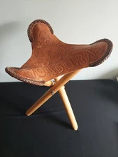 Saddle Seat Stool Chair Honduras Tooled Leather Tripod Folding Aztec