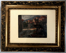 ANTICO QUADRO OLIO BORGO PAESE PAESAGGIO VEDUTA Gignese TRAMONTO LAGO MAGGIORE