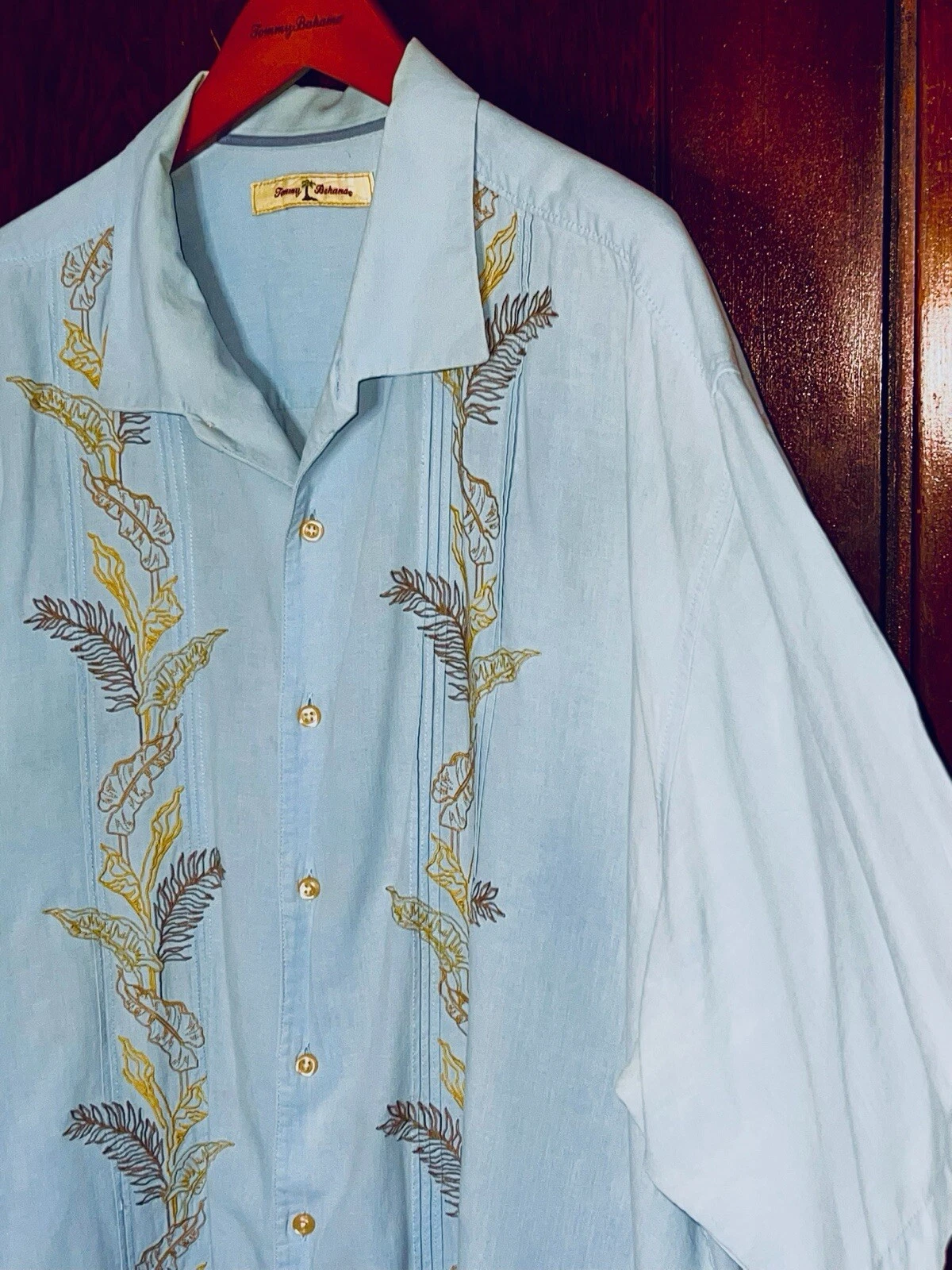 TOMMY BAHAMA LT BLUE EMBROIDERED LEAF FRONT LINEN TENCEL CAMP SHIRT XXL
