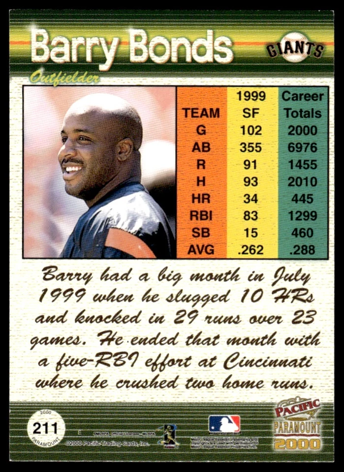 2000 PACIFIC PARAMOUNT HOLO SILVER /99 BARRY BONDS - Image 2 of 2