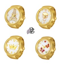 Quartz Finger Ring Watch Gold Tone Elastic Band Round Analog Watch for Men Women