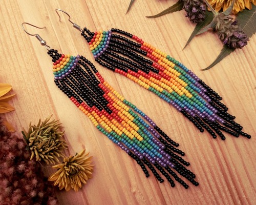Pride Rainbow Lesbian Earrings American Indian Jewelry Long Tribal Fringe 5 inch - Picture 2 of 6