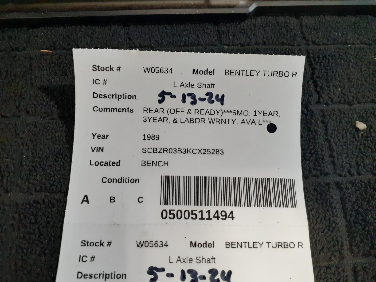 Used Drive Axle Shaft fits: 1989 Bentley TURBO R  Grade A