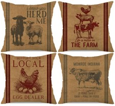 Vintage Farmhouse Animal Pillow Covers 18x18 Set of 4 Farm Rooster Egg Dealer...