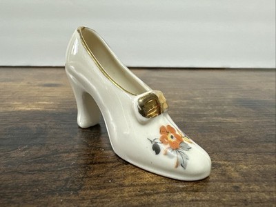 Vintage Miniature Porcelain High Heeled Shoe Figurine Gold Trim 3 