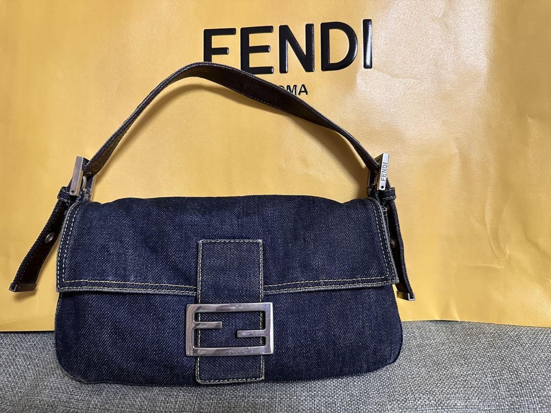 Vintage FENDI blue denim shoulder bag with leather trim