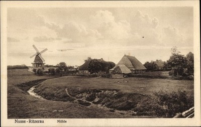 Postcard Nusse Ritzerau in the Duchy of Lauenburg, mill, thatched roof house - 3821546