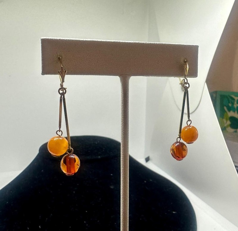 Amber Dangle Drop Earrings 14 Karat Gold Retro Egg Yolk Butterscotch Amber