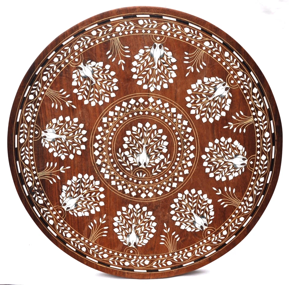 Table basse en Teck & marqueterie à décor d'oiseaux & d'éléphants - Années 80' - Photo 3/4