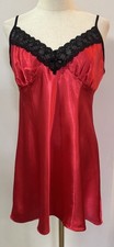 Sz L VINTAGE Red  Black Satin Lace Trim Camisole Chemise Lingerie Slip Dress