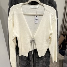 ASTR The Label Knit Cardigan Sweater Cream Embellished Bow V-Neck M Long Sleeve