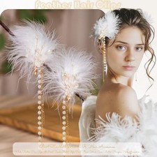 ?Wedding Bridal Hair clip in white. Mesh Ribbon and feathers. Amazon.com : White Feather Hair Clip Ballet Style Pearl  main image 3