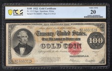 FR. 1215 1922 $100 &ldquo;BENTON&rdquo; GOLD CERTIFICATE NOTE PCGS BANKNOTE VERY FINE-20