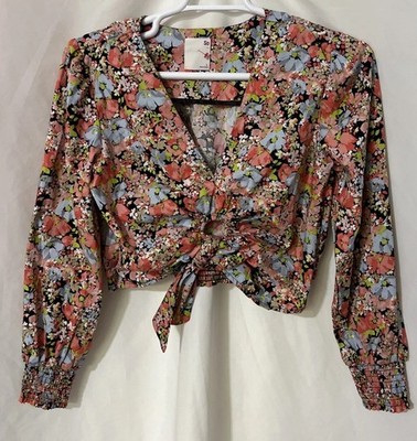 So Floral Tie Waist Crop Blouse Long Sleeve Smocked Cuffs JR Sz L 