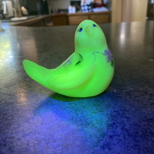 Vintage Burmese FENTON Uranium Glass Floral Hand Painted And Signed Bird