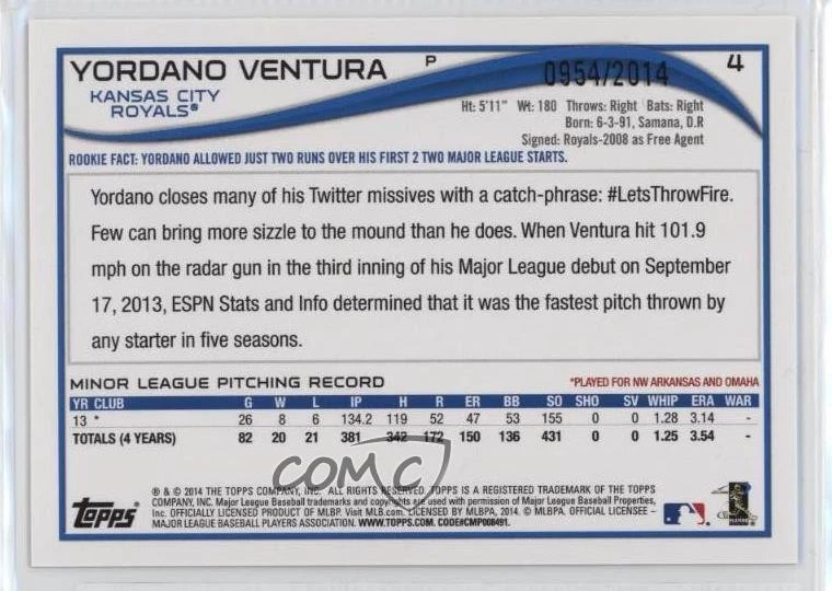 2014 Topps Opening Day Blue Holofoil /2014 Yordano Ventura #4 Rookie RC - Image 2 of 2