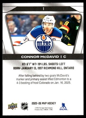 2025-26 Upper Deck MVP #1 Connor McDavid Edmonton Oilers Hockey