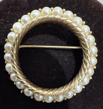 Trifari Crown Over T Vintage Faux Pearl Round Open Brooch, Signed