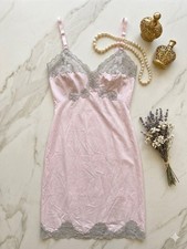 Vintage 1960s Coquette Pastel Pink Grey Floral Lace Midi Slip Dress Balletcore S