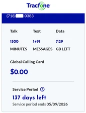 TracFone Sim Card (For US). Exp May 9, 2026(7GB Data. 1400 Min. 1400 Tx)