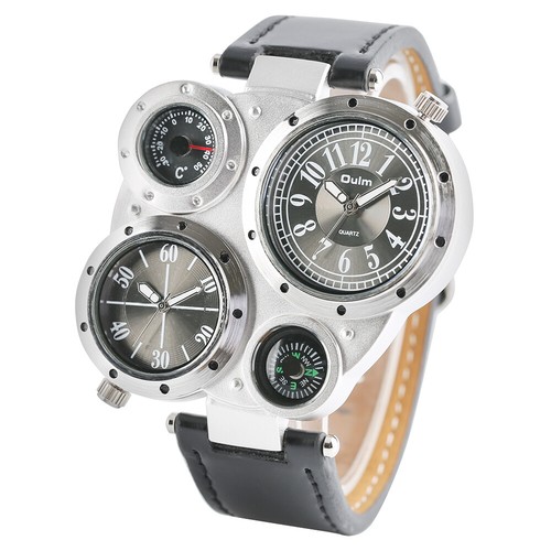 OULM Men's Dual Time Leather Strap Sport Outdoor Big Dial Wrist Quartz Watches - Picture 4 of 14