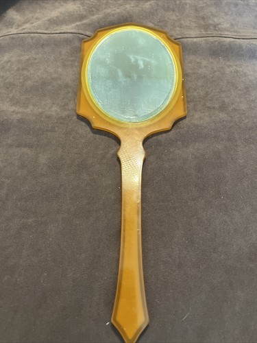 Vintage Beveled Vanity Hand Mirror Yellow Celluloid Art Deco Victorian - Bild 1 von 5