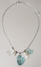 Vintage Sea Glass Crystal Charms Metallic Silver Beads 17" 3 " Necklace