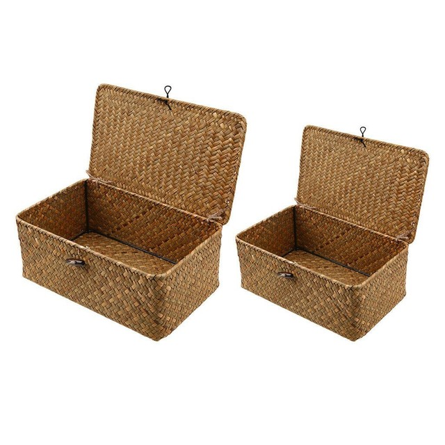 2 Pack Seagrass Storage Basket With Lid Handmade Woven Box Home Organizer S L For Sale Online