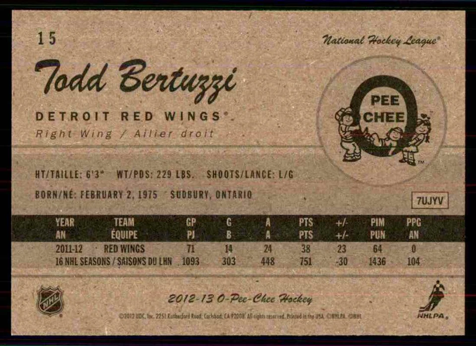 2012-13 O-Pee-Chee Retro Todd Bertuzzi #15 - Image 2 of 2