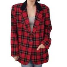 Vintage Classic Red Plaid Wool Blazer Black Velvet Collar Size 10