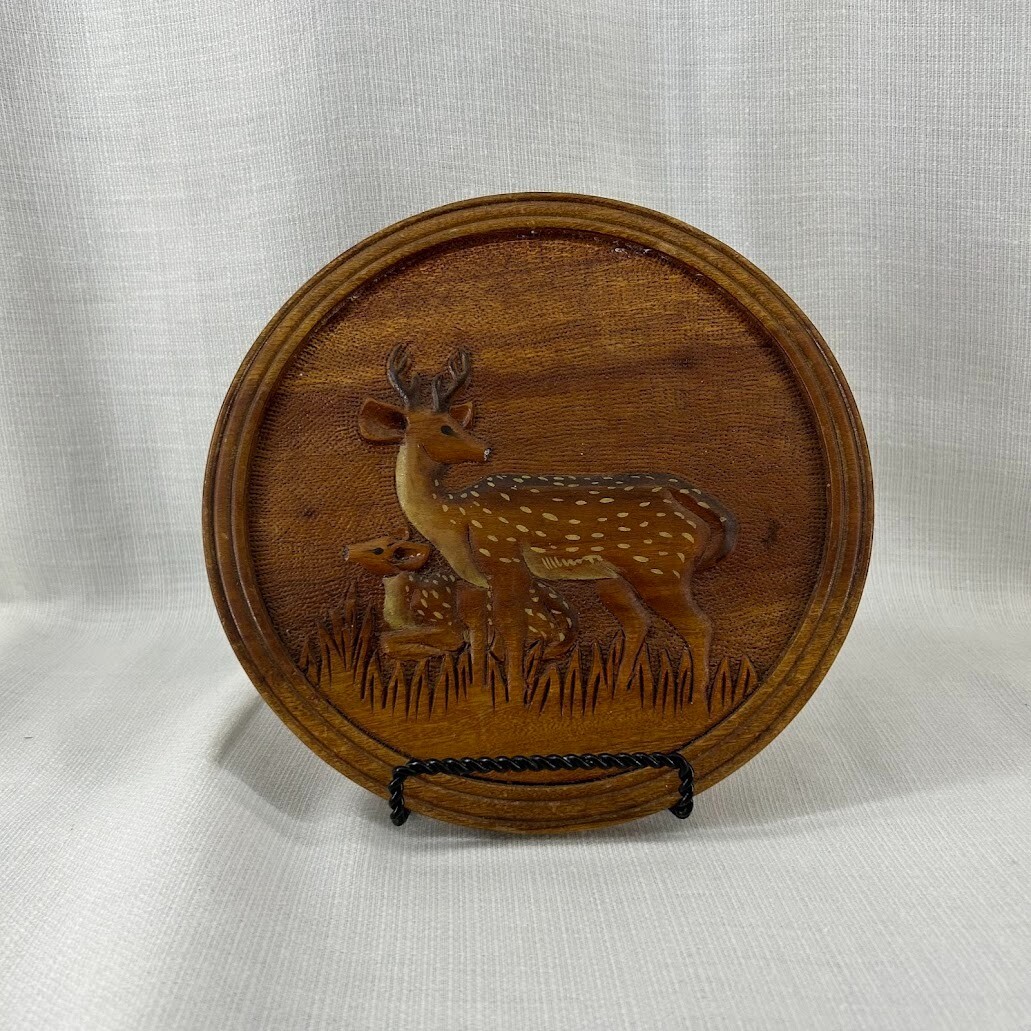 Vintage Mahagini Carved Wood Deer Plaque Mahogany