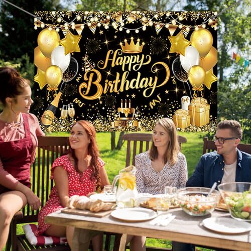6x4FT Happy Birthday Backdrop Happy Birthday Banner for Men Black&Gold-General - Picture 3 of 8